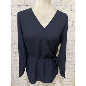 The Limited Faux-Wrap Top blouse in dark navy blue polyester Medium